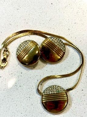 Vintage Givenchy Gold-Tone Crystal Half-Dome Necklace & Clip-On Earrings Set